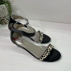 Me Too patent animal print wedge  sandals 10